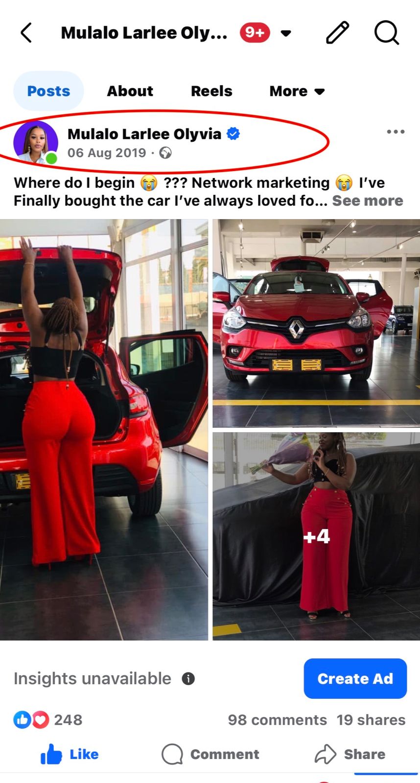 Facebook post — Mulalo buying her first car, August 2019